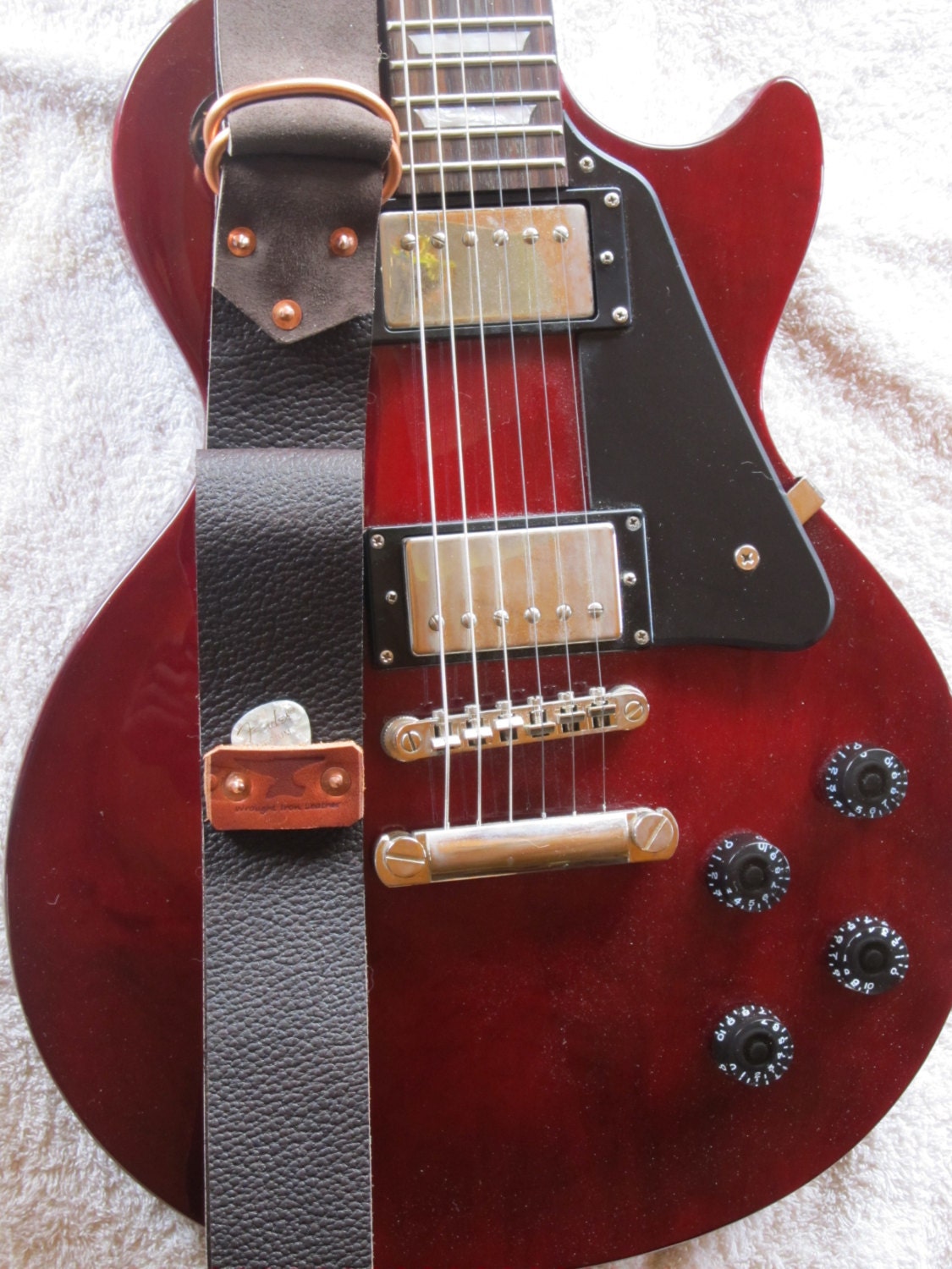 Leather Guitar Strap w/ pick holder- Dark Brown with Copper hardware. FREE SHIPPING to lower 48 states