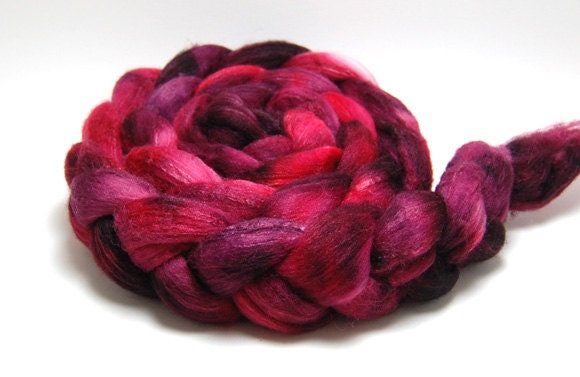 Handpainted Merino Silk Wool Roving - Crush Crush Crush - 4 oz  Red Burgundy