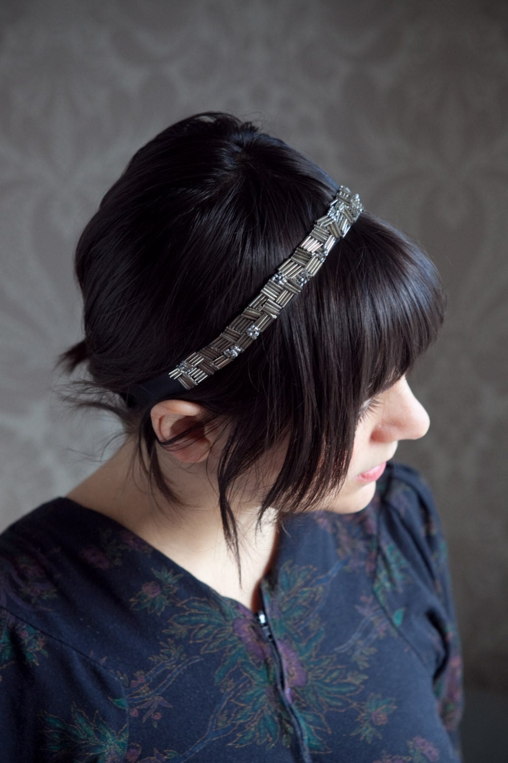 Hand Beaded Black and Silver Cross Hatch Stretchy Headband