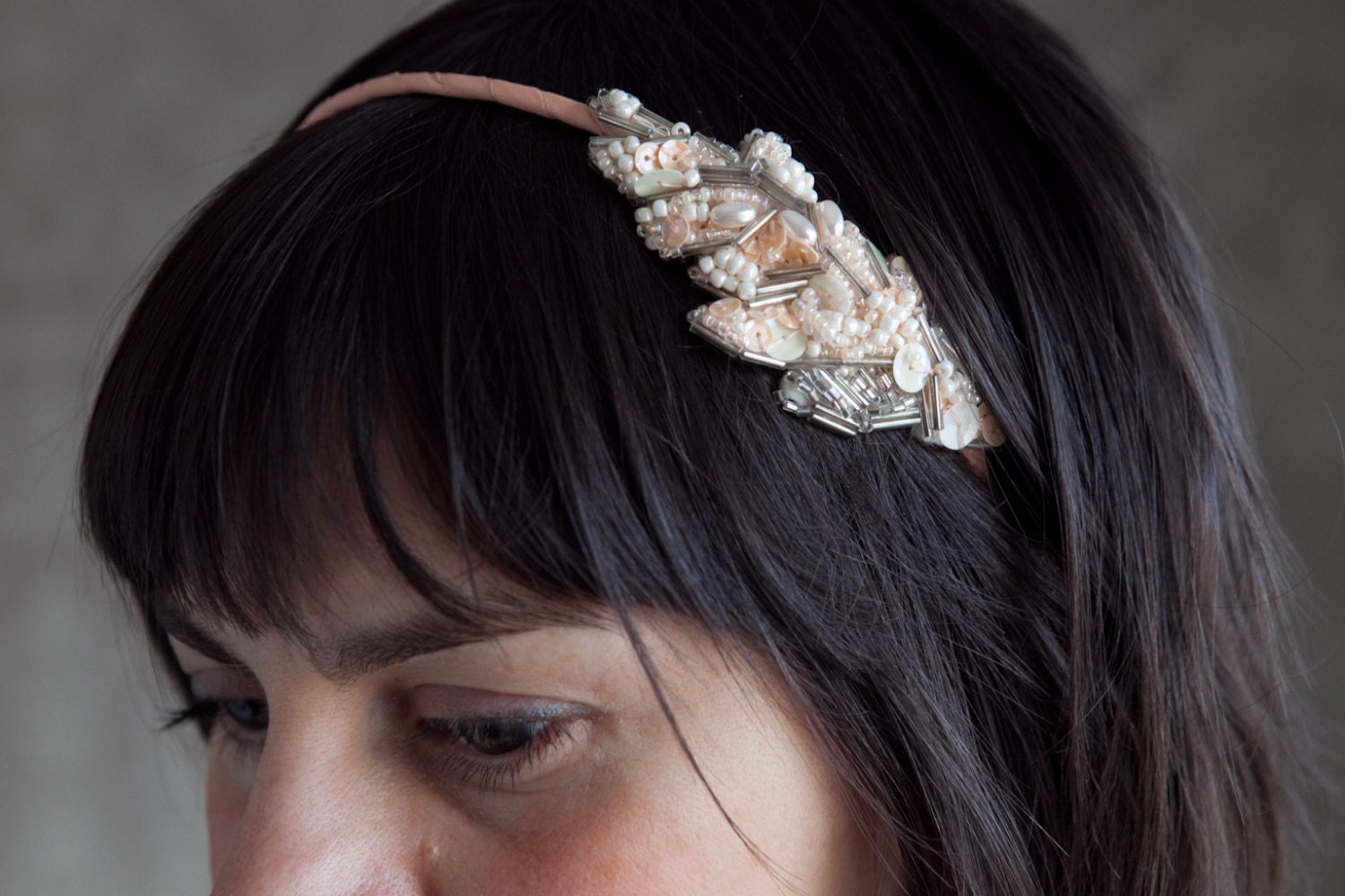 Hand Beaded Blush/Champagne Wedding Headband/ Hand Beaded Leaf Headband