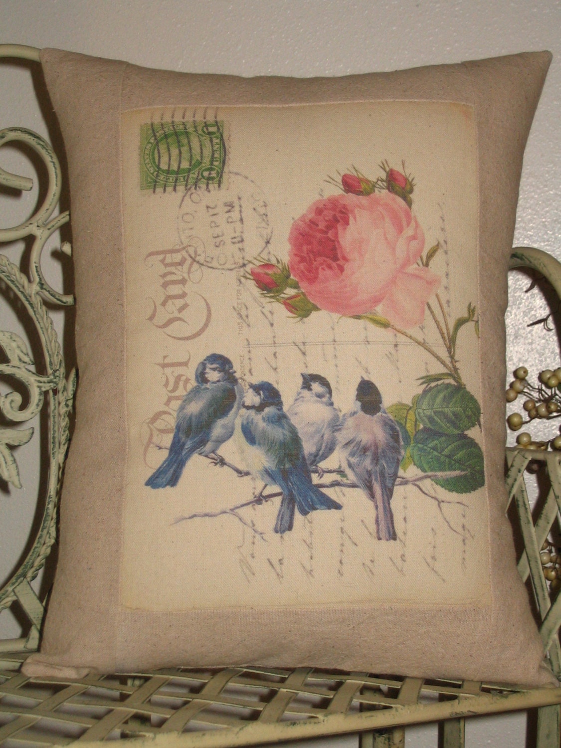 Blue Birds and Rose Postcard Throw Pillow