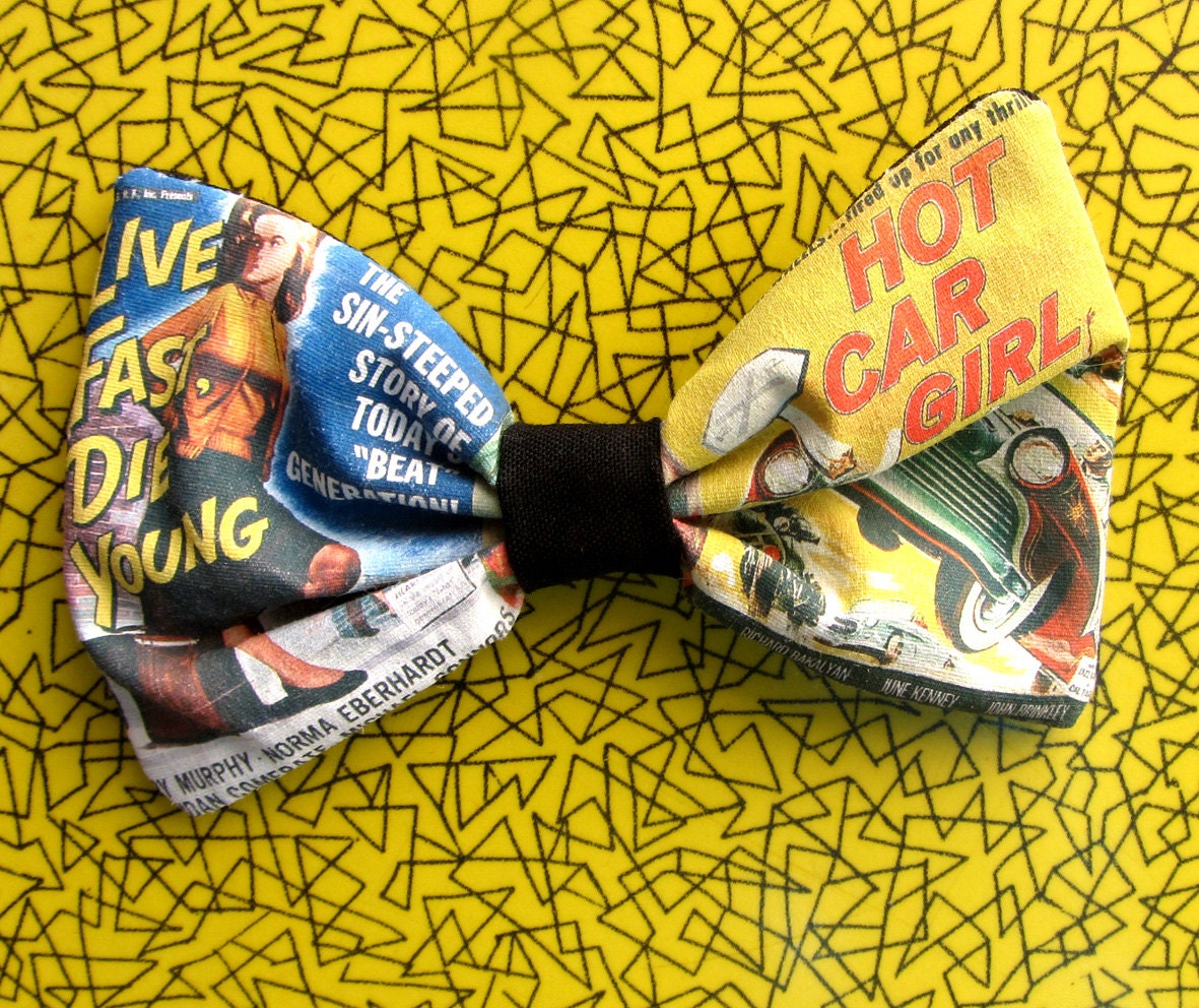 Pulp Fiction Hot Rod Sinner Girl Fabric Hair bow designed and printed exclusively by Dolly Cool