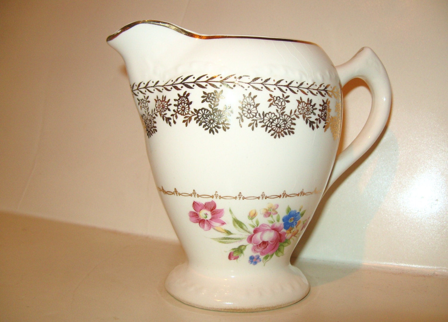 Vintage 1930's Pottery Milk Pitcher Paden City Pink Cabbage Rose Flower with Gold Ornate Scroll Filigree