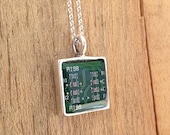 square upcycled circuit board necklace resin pendant  recycled jewelry sterling silver chain