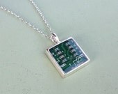 square upcycled circuit board necklace resin pendant  recycled jewelry sterling silver chain