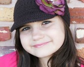 NEW ITEM----Boutique Crochet Newsboy Cap with Rhinestone Flower Clip----Fits 2 years and Up----