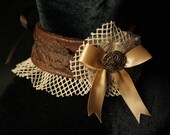 Steampunk Ruffle Collar Fishnet & Lace, Chocolate Brown Faux Leather Victorian Choker/ Necklace Browncoat Couture