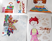Feathers Girl Journey Cards Set of 4 Original Art with Envelopes Dreamer Girl Share the Love and Hope