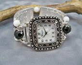 Beaded Watch Band, Interchangeable Watch and Band, Black and White Cat Eye Beads, Beaded OOAK