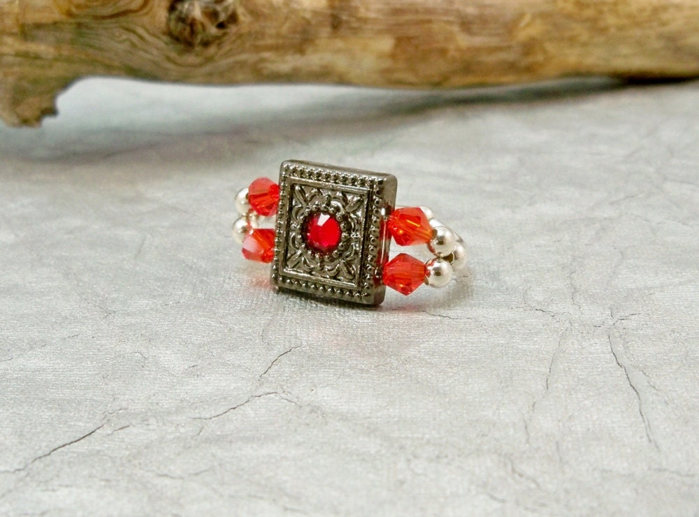 Cocktail Ring, Red Crystal Ring, Stretch Ring, Elastic Band, Womens Ring