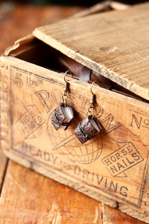 Mini Leather Journal Earrings - Brown and Black Handmade Book Jewelry
