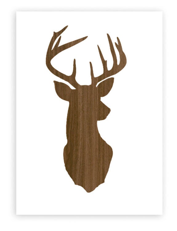 Deer Head Print Silhouette - Faux Dark Brown Wood Grain Faux Bois on White Background - 11x14 inch Woodland Stag Antlers Wall Mount
