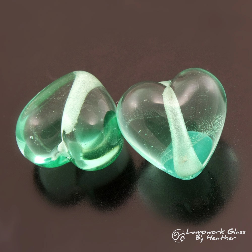 Handmade Lampwork Heart Beads Transparent Pale Emerald Green Earring Pair Heather Behrendt BHV SRA LETeam