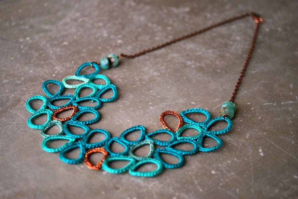 Shades of Aqua and Copper Leaves Crochet Bib Necklace with Peruvian Opal