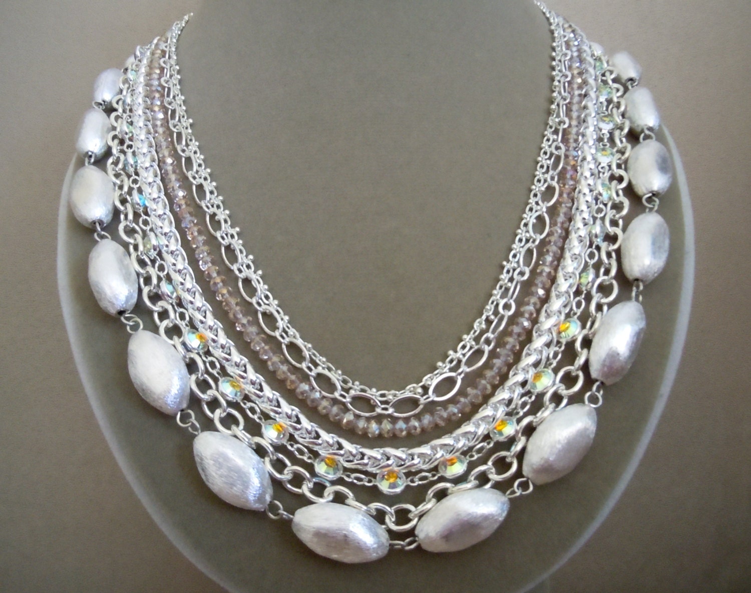 NEW Metropolitan -- One of a Kind -- Brushed Silver, Swarovski Rondelles and AB Coated Crystals, and Silver Chain Necklace
