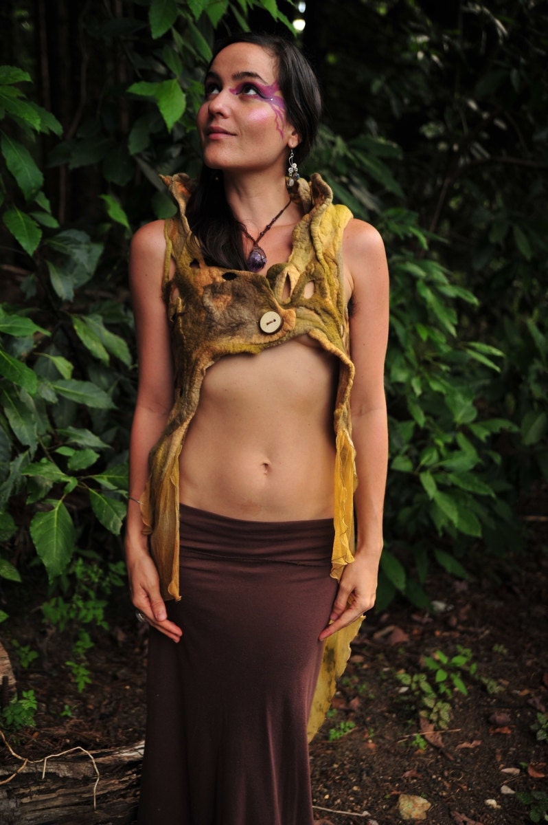 RESERVED - Nuno Felted Melted Tree Of Shadows Open Back High Collar Pixie Gown Vest OOAK