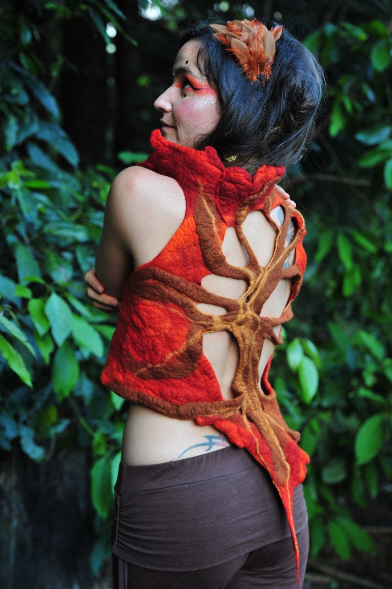 Felt Melted Autumn Open Back Tree of Shadows Orange Sunset High Collar Pixie Vest  OOAK