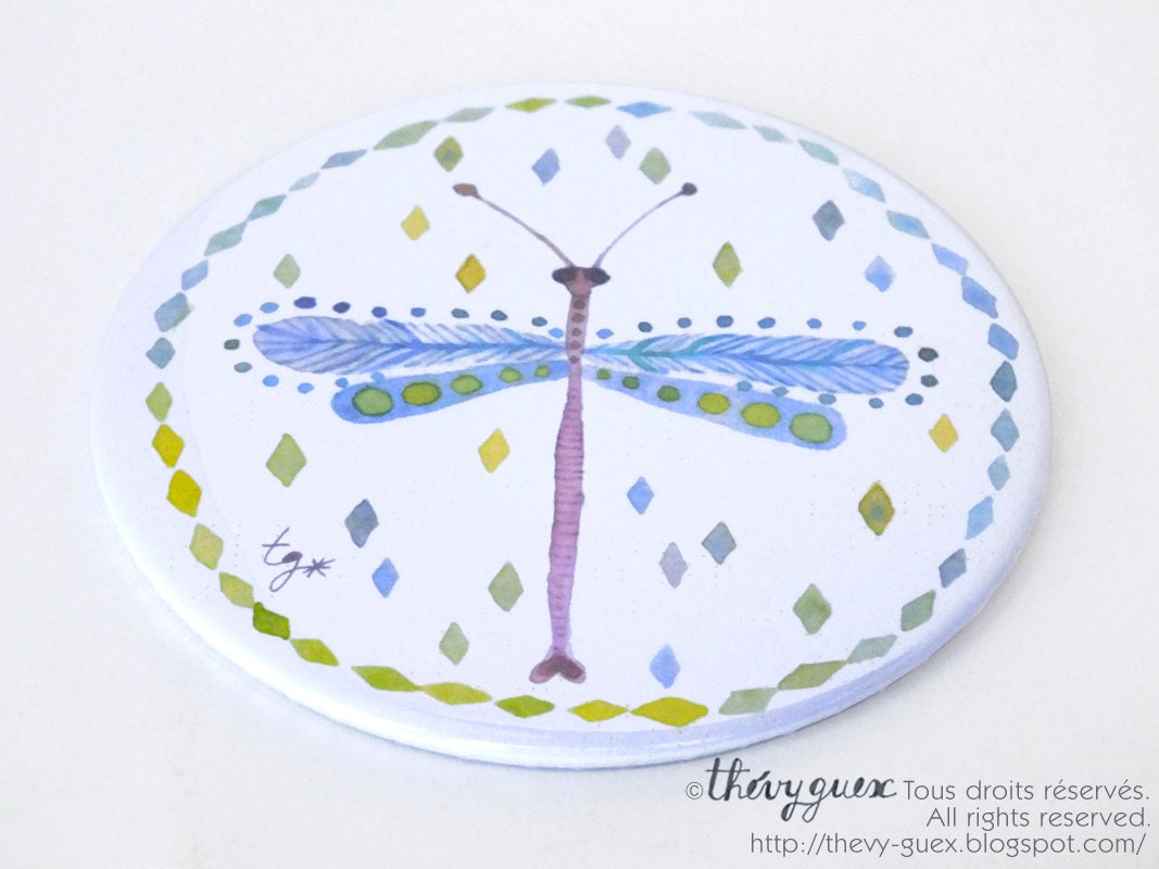 Watercolor Pastel Dragonfly Pocket Mirror/Illustrated Insect Mirror/Pastel Color Pocket Mirror/75 mm Mirror