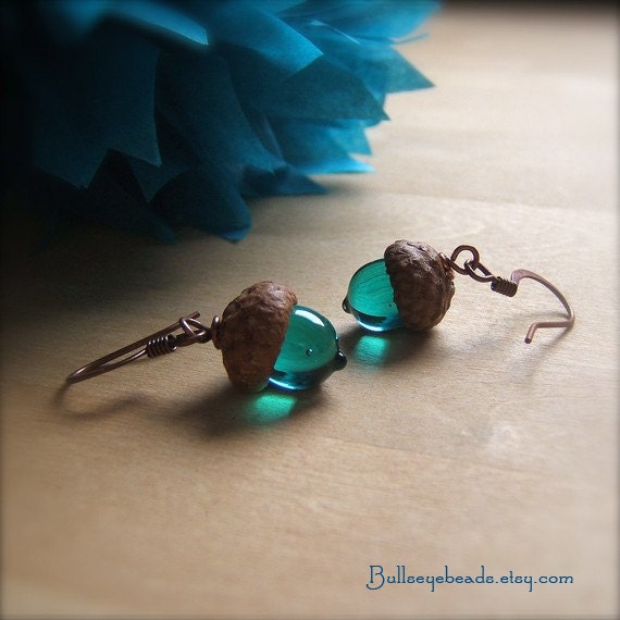 Glass Acorn Earrings - Transparent Teal by Bullseyebeads