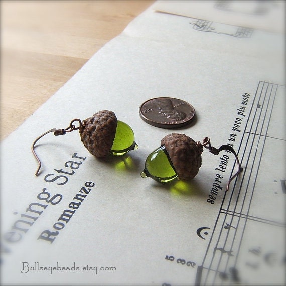 Glass Acorn Earrings - Olivine Green by Bullseyebeads