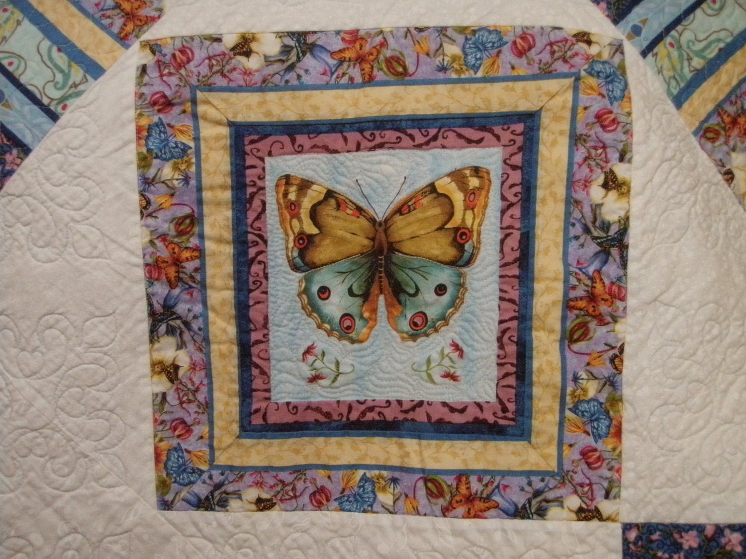 Geometric King or Queen Size Bed Quilt, Patchwork Traditional Quilt, Butterflies and Pinwheels - MooseCarolQuilts
