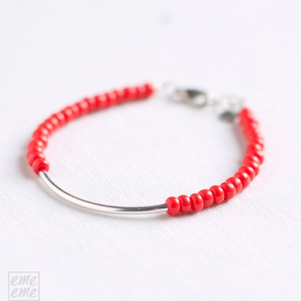 Bar Bracelet with big red seed beads - minimalist bracelet - friendship bracelet - glass jewelry - Mother's Day Gifts