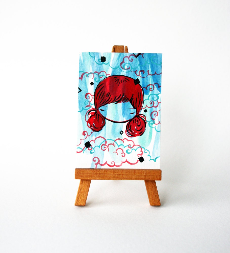 Cute Redhead - Original watercolor portrait painting - floating head - ACEO number 54