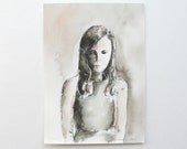 original ink and watercolor painting: young woman contemplating and reflecting