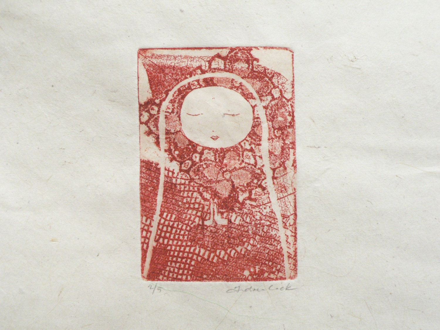 original etching - in meditation and prayer, special edition in red printed on handmade paper from Nepal