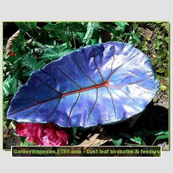 From Hawaii to Portland to you - a cast Taro / Elephant Ear leaf birdbath/feeder on a pole (Leaf 1409)