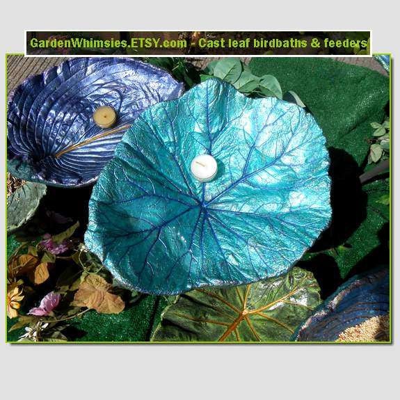 The fairy rest stop and birdies' bath - Twin gourd/squash leaves leaf cast into a concrete birdbath/feeder on a pole (Leaf 1451)