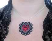 Victorian Style Heart Gem Necklace -3D Printed in black w/ Ruby Mirror center (silver plated chain included) Ready To Ship