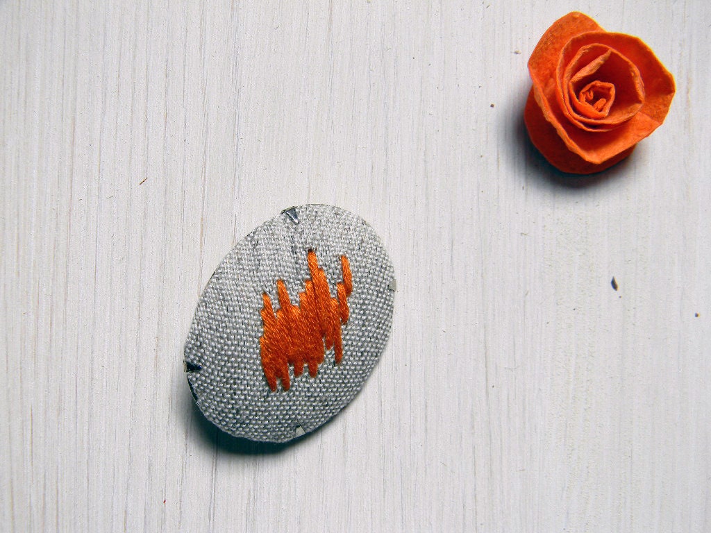 Linen brooch, embroidered oval brooch. Beige and tangerine.