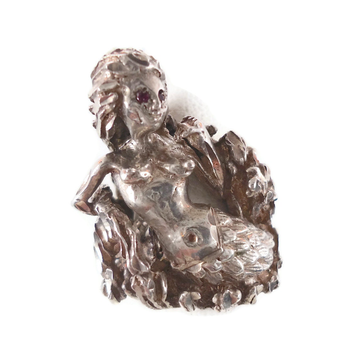 Mermaid Sterling Silver Ring - Vintage HUGE Heavy -  Size 9.5 - Ruby Eyes - InVintageHeaven