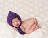 Newborn Baby Girl Amethyst Purple Ribbed Pixie Knit Ear Flap Hat Photo Prop - Baby Girl Hat, Photography Prop, Handmade Props, Purple Hat