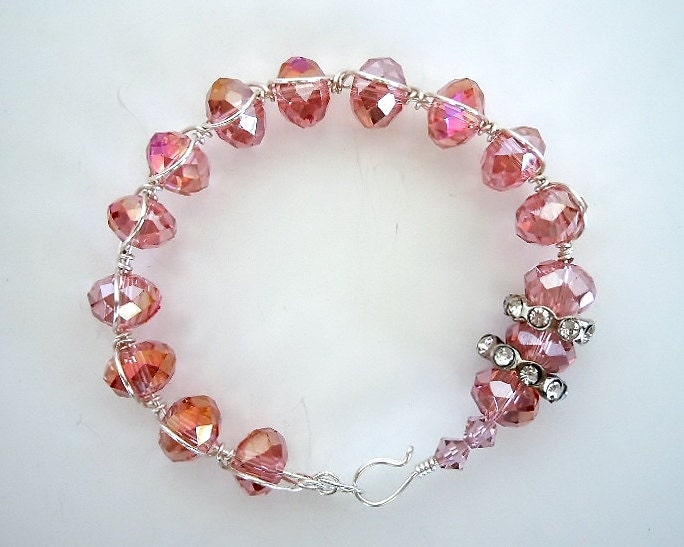 Wire Wrapped Pink Crystal Bangle Bracelet by Debbie Renee