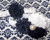 Garter Set - Shabby Chic Elegance, Navy Blue and White Flowers, White Satin Bands, Custom Colors Available