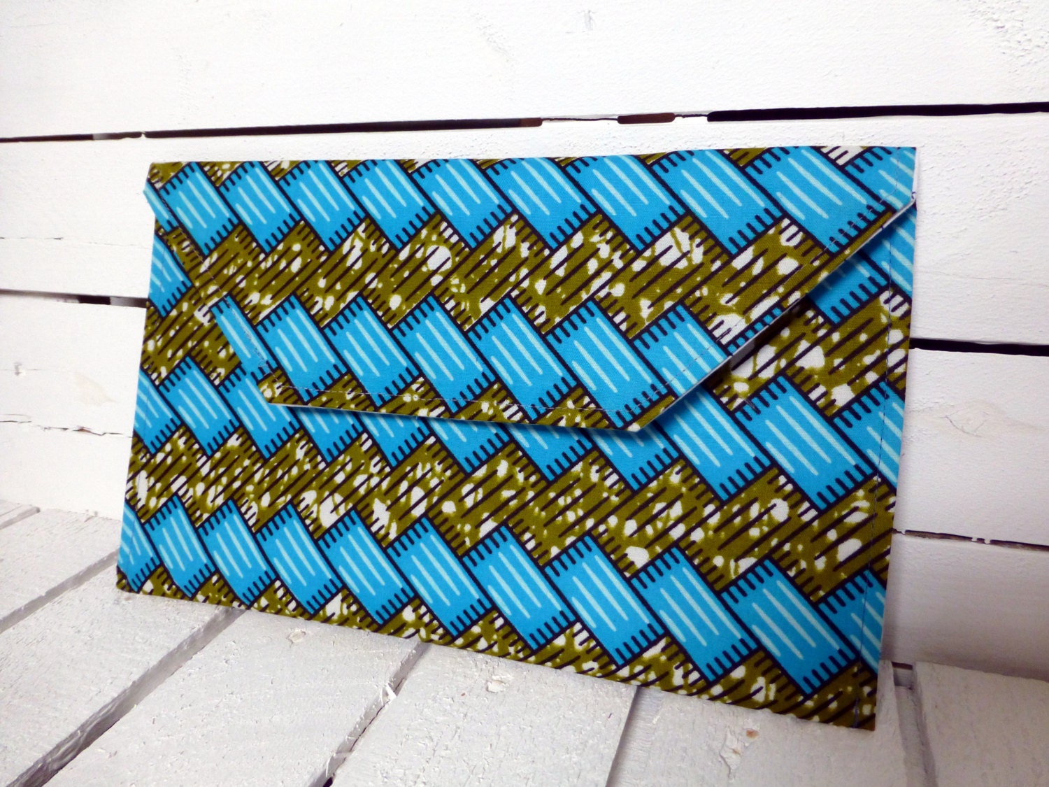 African wax print clutch Blue and Green, with vintage lining