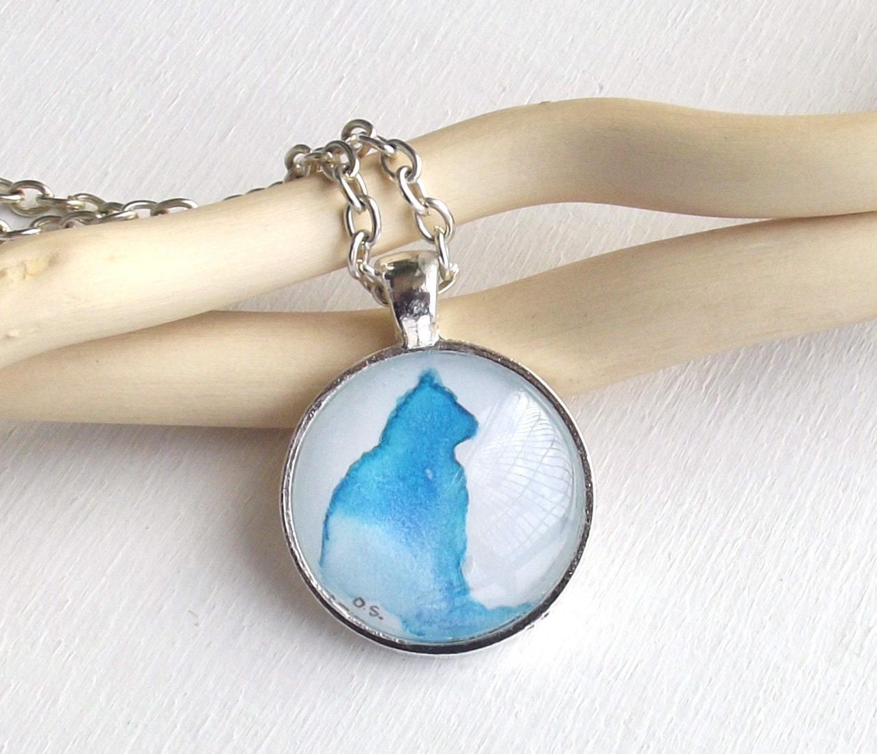 Blue Cat , art pendant - original watercolor - - not a print, necklace, silver plated, silhouette