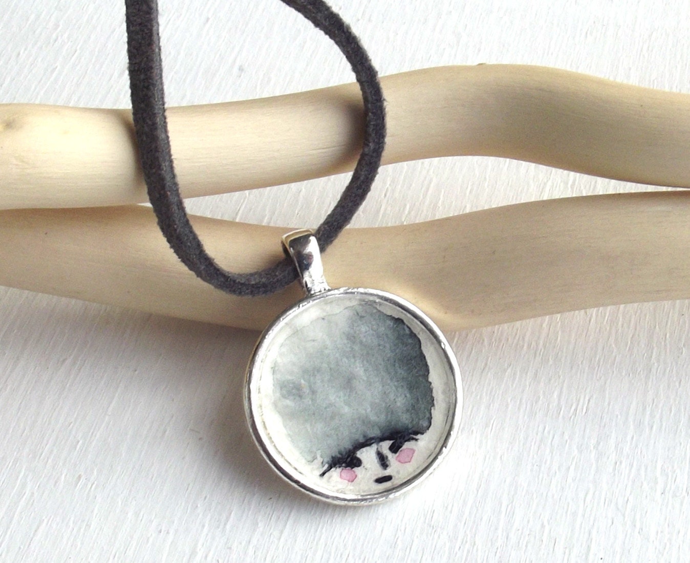 original handpainted art pendant - Little girl with busby - watercolor, miniature,  not a print, necklace, OOAK