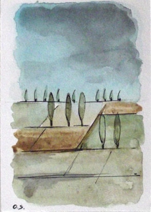 Winter lowland-  ACEO watercolor and ink painting