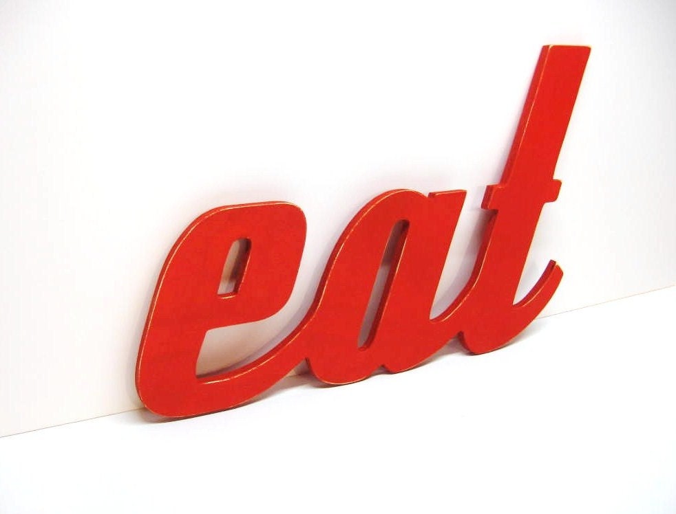 Wood Eat Sign - Painted Red - Distressed - Wall Decor - Kitchen - Diner - Restaurant - Lower Case Retro Wooden Eat Sign