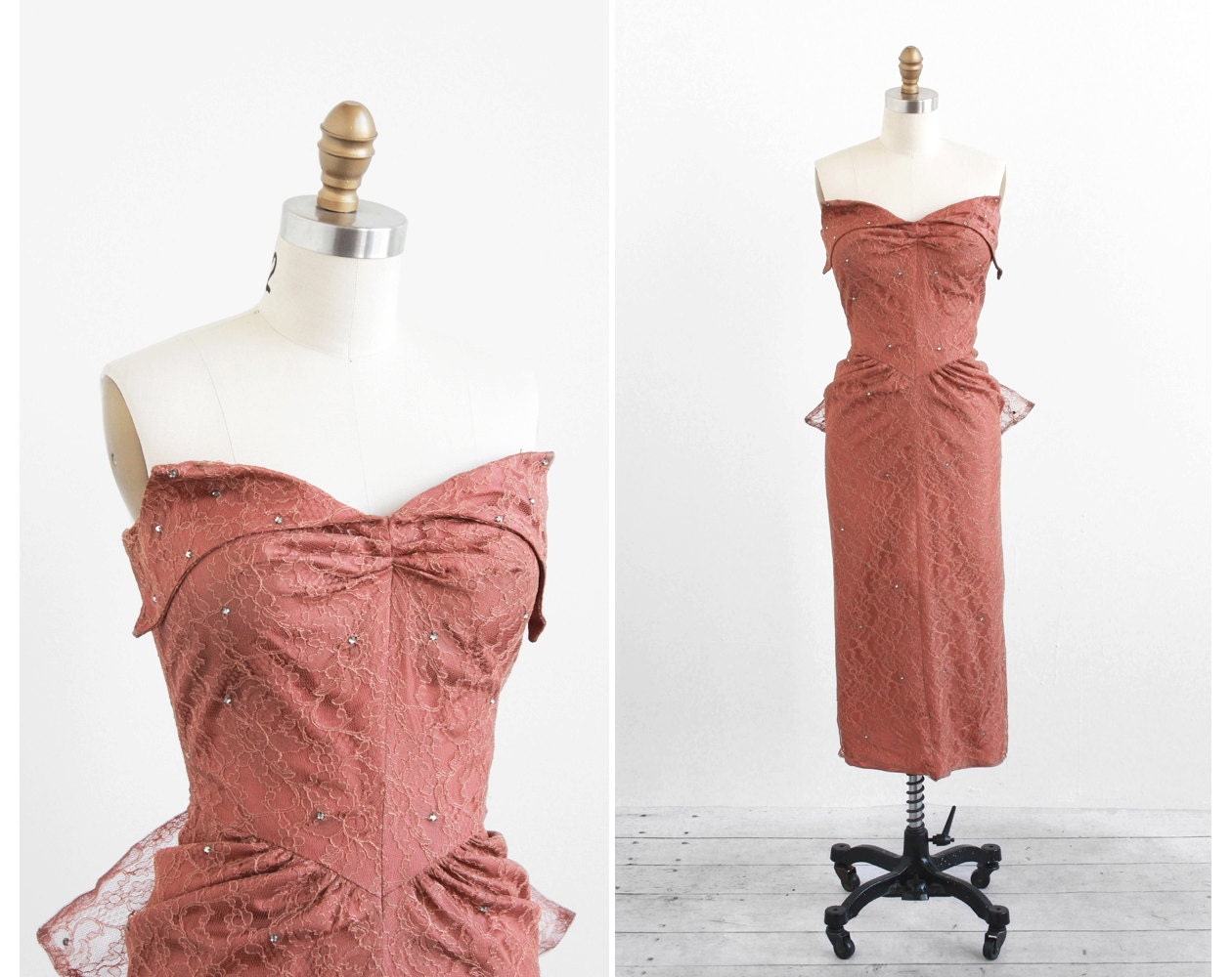 vintage 1950s dress / 50s wiggle dress / Strapless Dusty Rose Lace and Rhinestones Wiggle Dress