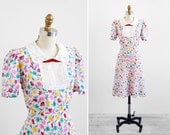 vintage 1930s dress / 30s dress / White and Pink Sheer Floral Day Dress with Bow