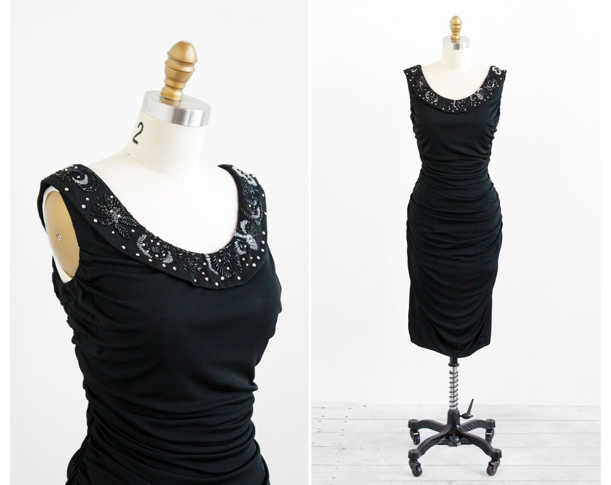 r e s e r v e d - vintage 1950s dress / 50s dress / Black Jersey Wiggle Dress with Rhinestone Collar