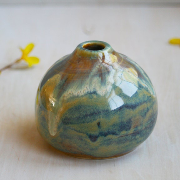 Simple Small Vase Handmade Pottery Green Gold Ceramic Bud Vase Ready to Ship Made in USA