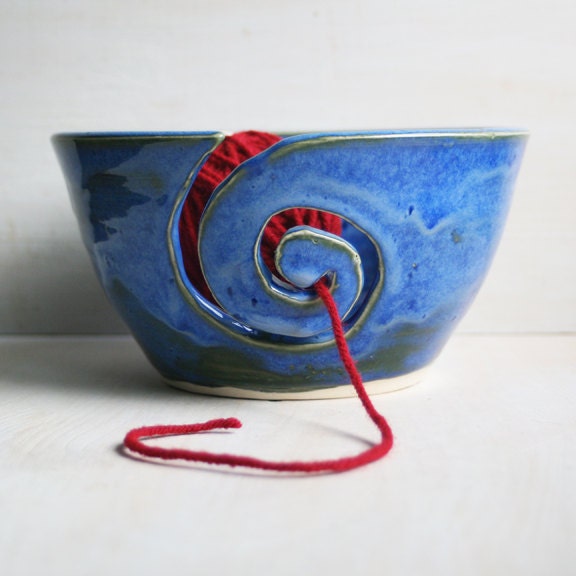 Blue Yarn Bowl - Rustic Handmade Ceramic Large Yarn Holder - Blue Spiral Pottery Knitting Bowl Ready to Ship Made in USA