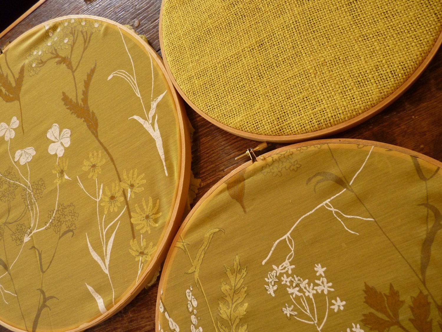 MUSTARD HOOP ART Vintage HuGe Embroidery Hoops and Fabric Beautiful Yellow Retro Mod