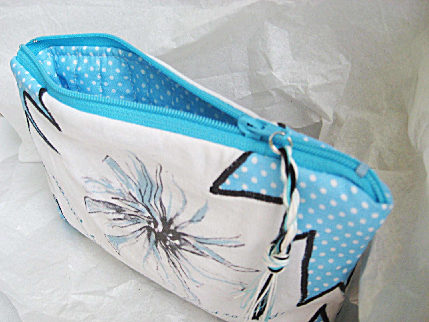 Blue Cosmetic Going Away Gift Gadget Bag Bright Aqua Black and White