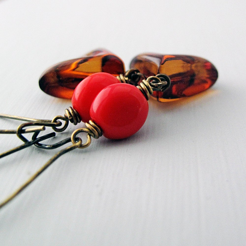 Red and Brown Bead Earrings, Vintage Glass and Lucite, Antiqued Brass